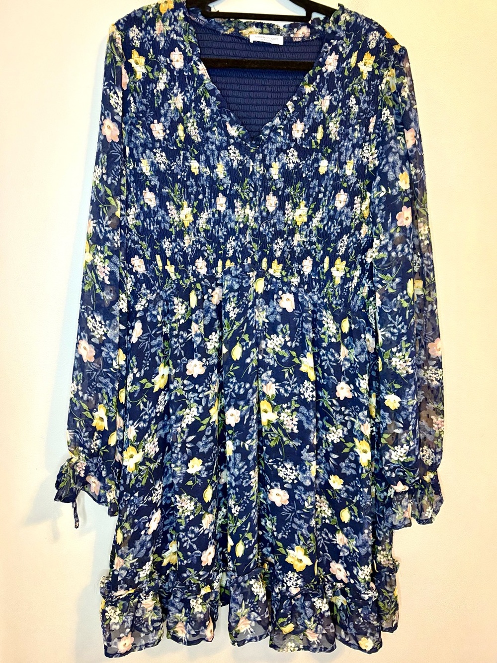 Chic Soul Navy Floral Smocked Mini Dress 2X Long Sleeve Ruffle Hem